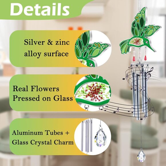Hummingbird Suncatcher Wind Chime Pressed Real Embedded in Glass X003RBIV47 - Picture 7 of 7
